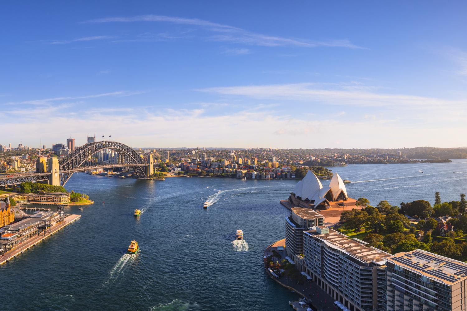Sun rising over Sydney Harbour and Circular Quay, Sydney