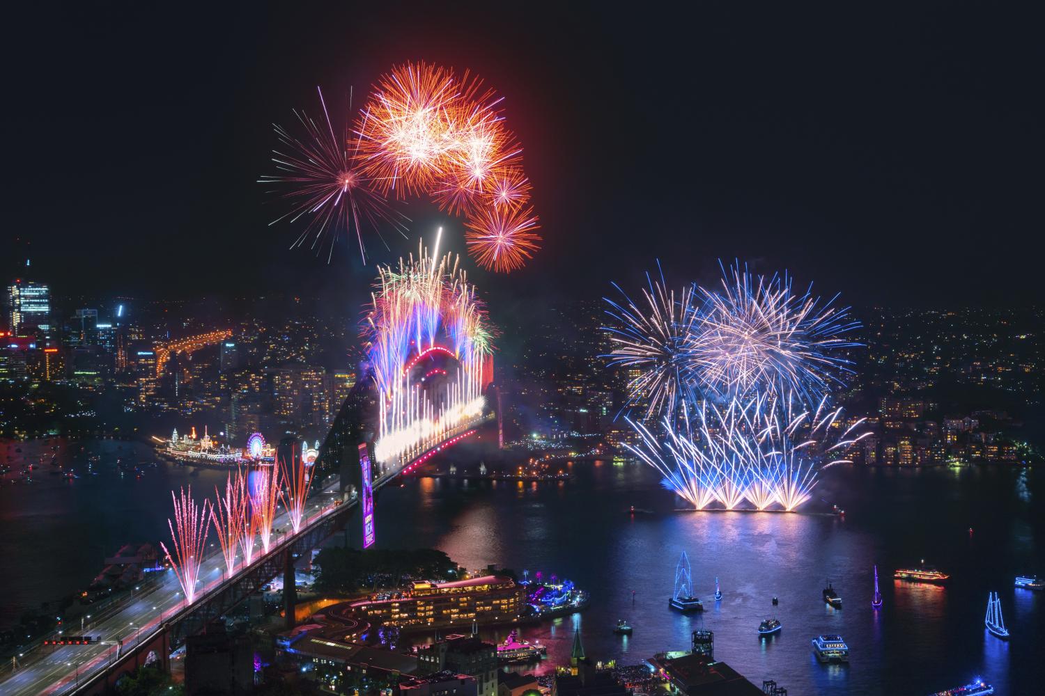 Spectacular midnight fireworks display across Sydney Harbour at to celebrate the start of the new year 2020