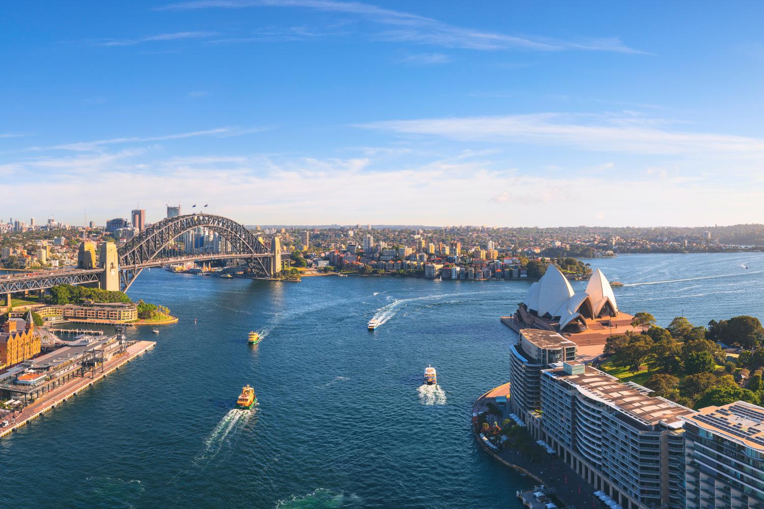 Sun rising over Sydney Harbour and Circular Quay, Sydney