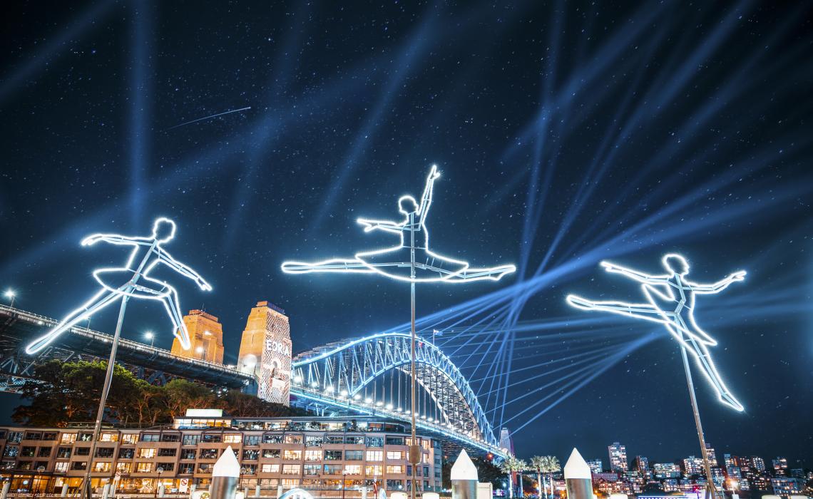 Vivid Sydney 2019 The Ballerina light installation illuminating Campbells Cove in The Rocks precinct during Vivid Sydney 2019